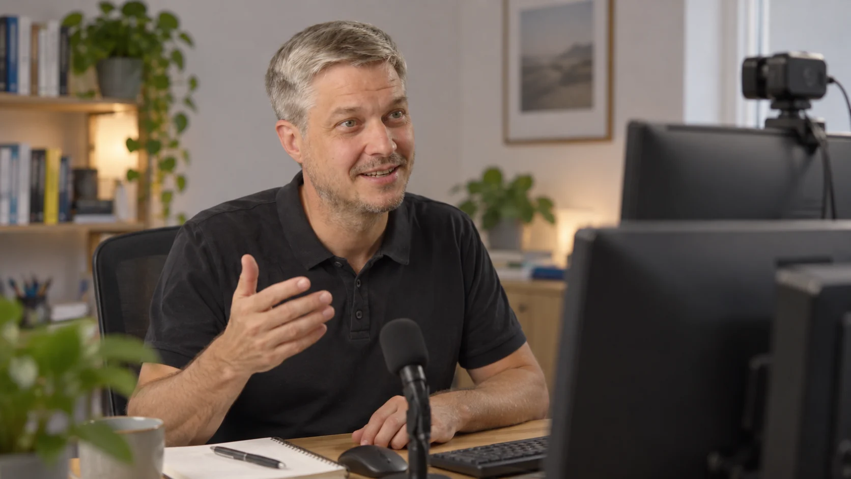 Flo Hummel im Online-Training mit Kamera und Mikrofon am Schreibtisch.