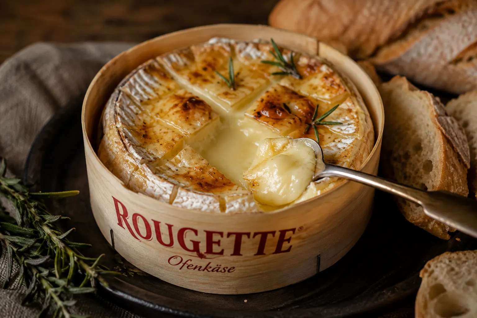 Gebackener Rougette-Käse als Motiv für die Käserei Champignon