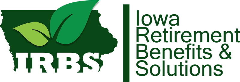 Logo of Iowa Retirement Benefits & Solutions with green leaves over a silhouette of the state of Iowa and the acronym IRBS below.