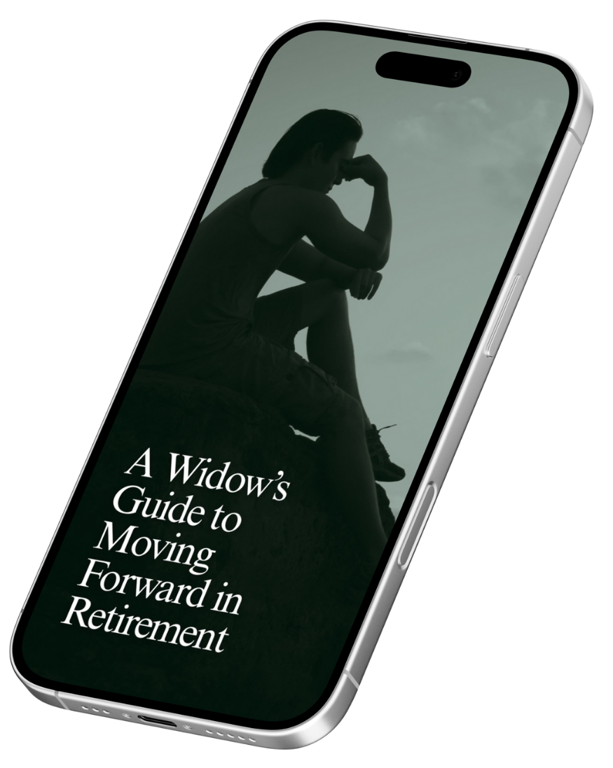 Smartphone displaying a silhouette of a person sitting contemplatively on a rock with text 'A Widow’s Guide to Moving Forward in Retirement'.