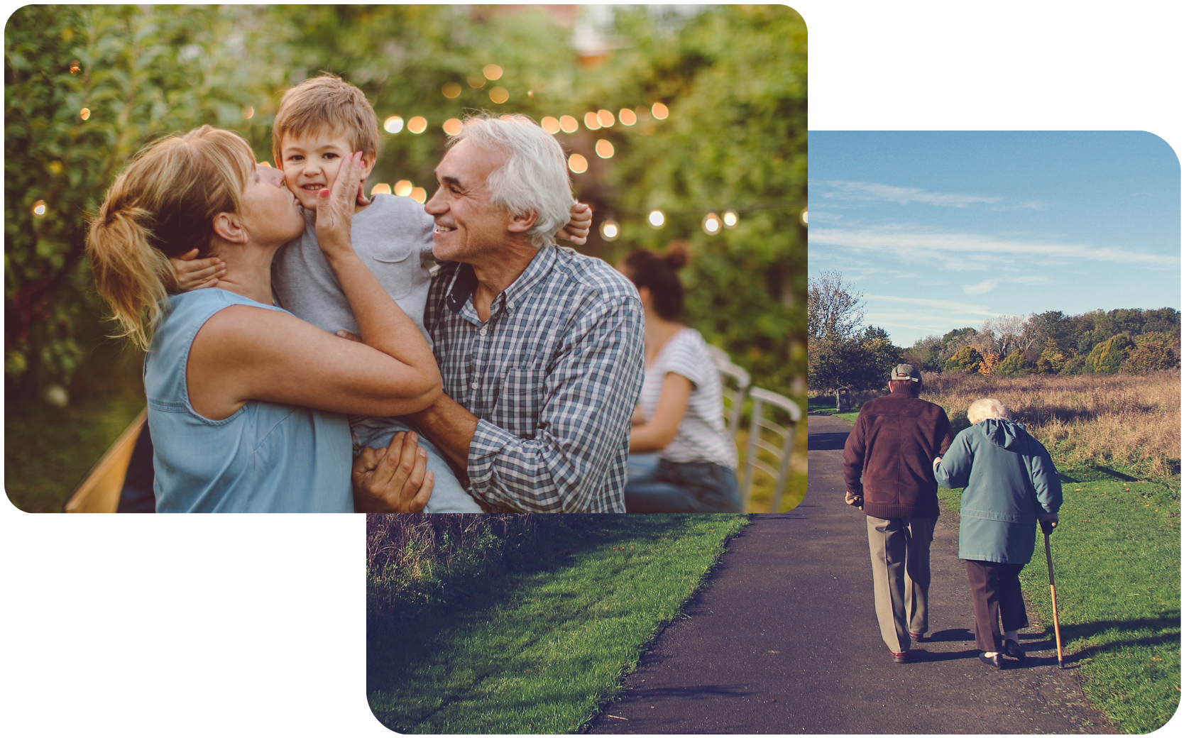 Collage with a woman kissing a young boy's cheek as an older man smiles, and an elderly couple walking arm in arm on a paved path in a park.