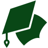 Green graduation cap icon tilted with tassel hanging.