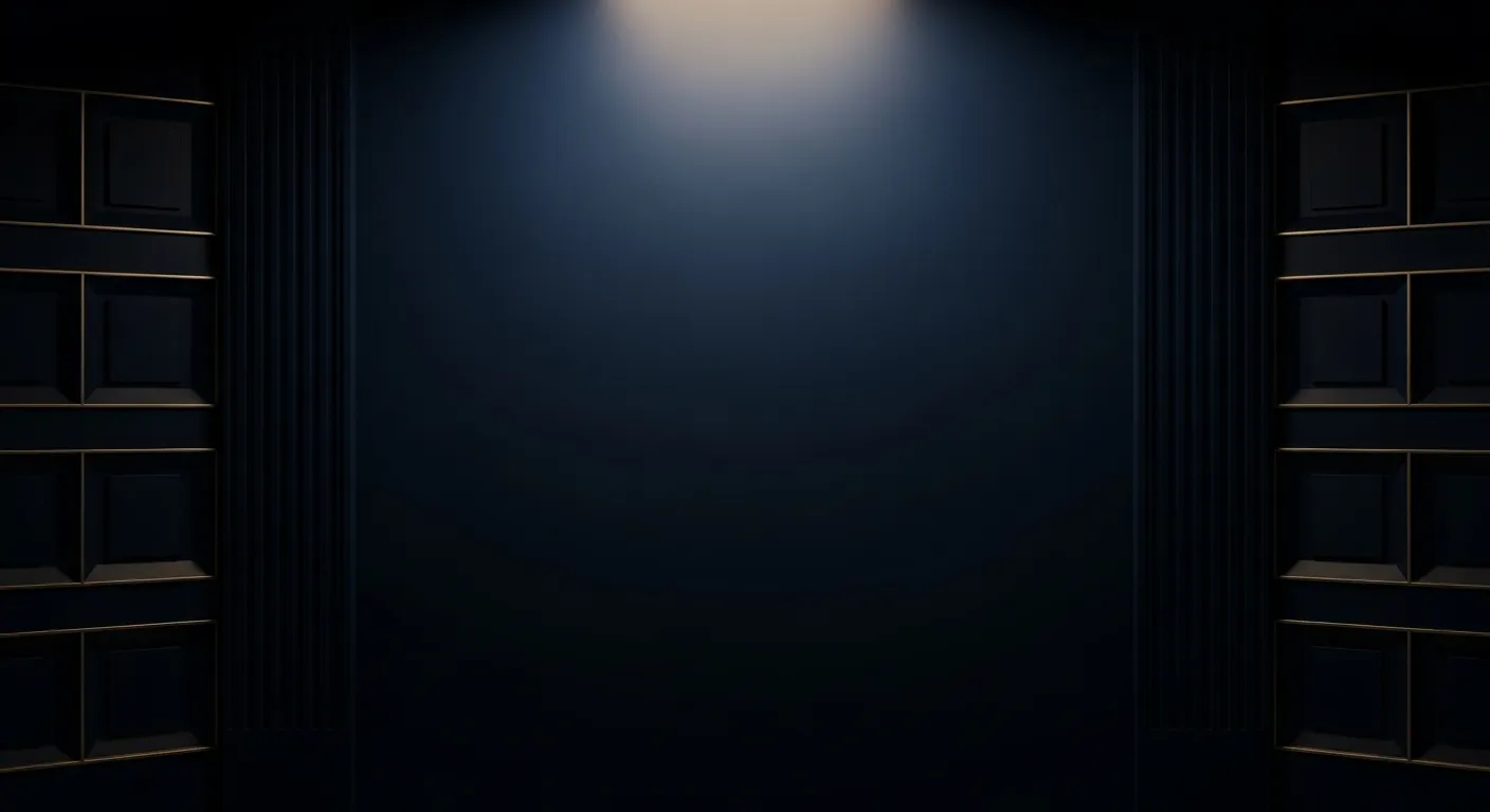 Dark blue wall with decorative rectangular paneling on the sides and subtle lighting from above.