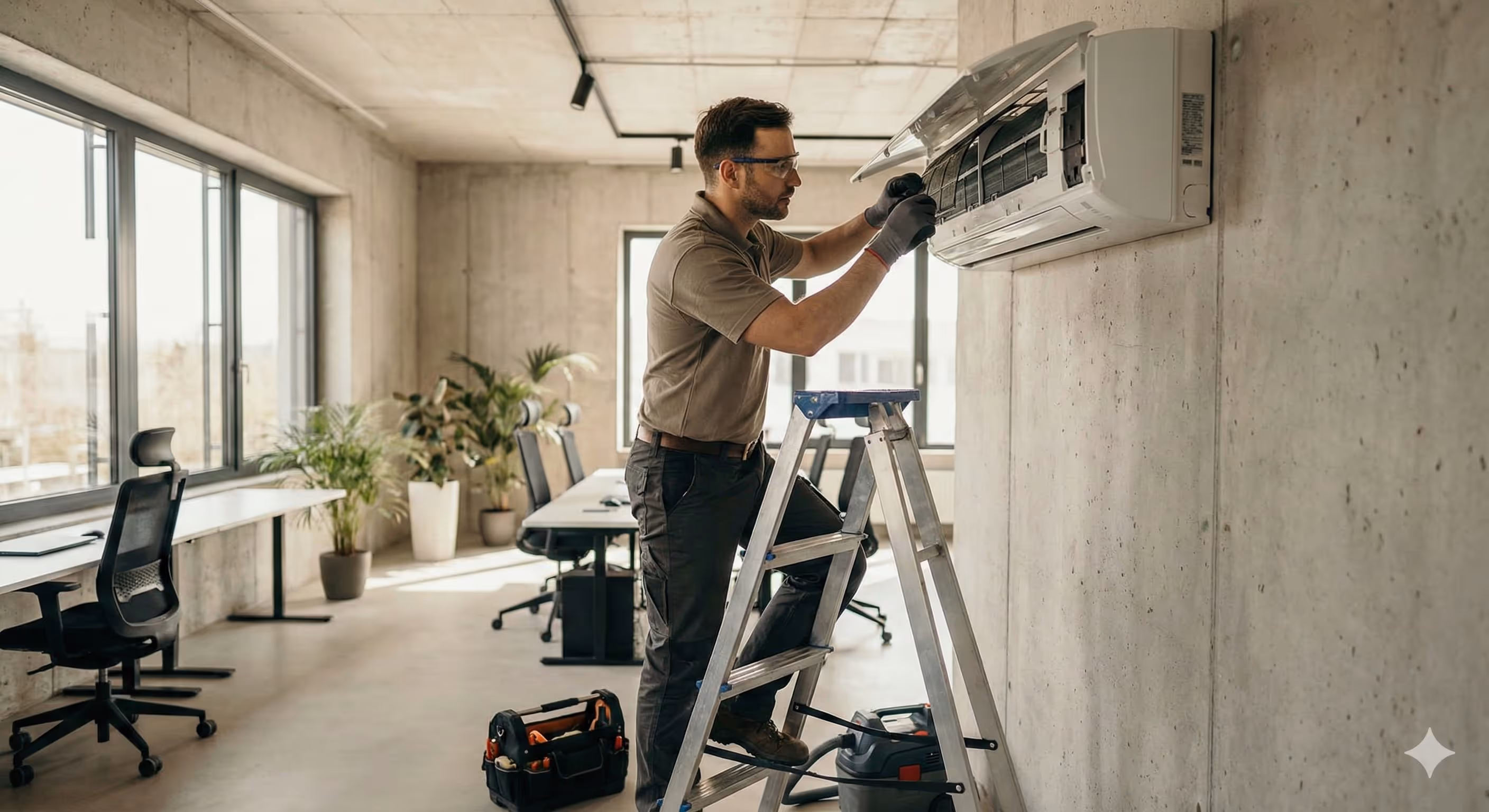 Techniker montiert Split-Klimaanlage an der Wand – Referenzprojekt DBO Recklinghausen