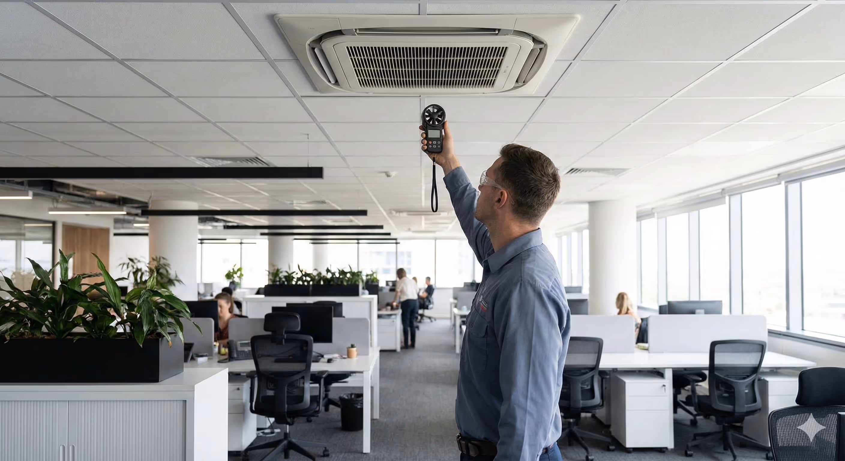 Techniker prüft Decken-Klimaanlage mit Anemometer bei Wartungseinsatz – DBO Kältetechnik