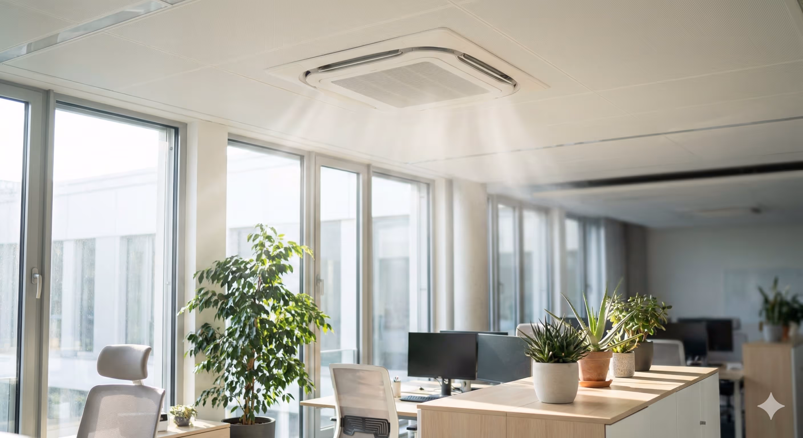 Modernes Büro mit energieeffizienter Decken-Klimaanlage und Grünpflanzen