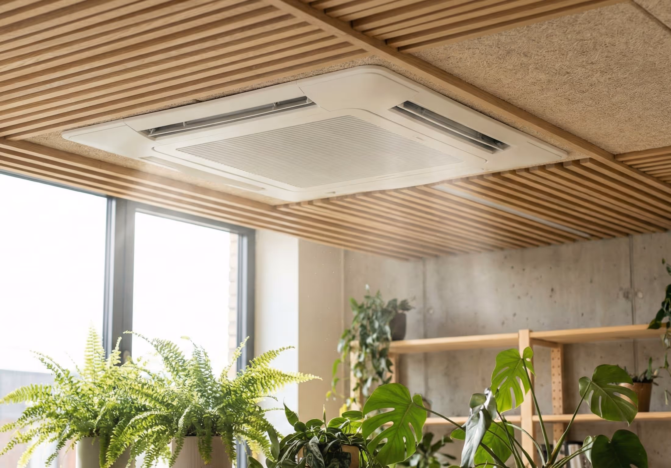 Kassetten-Klimaanlage an der Decke in einem Büro mit Pflanzen – Wartung durch DBO Kältetechnik