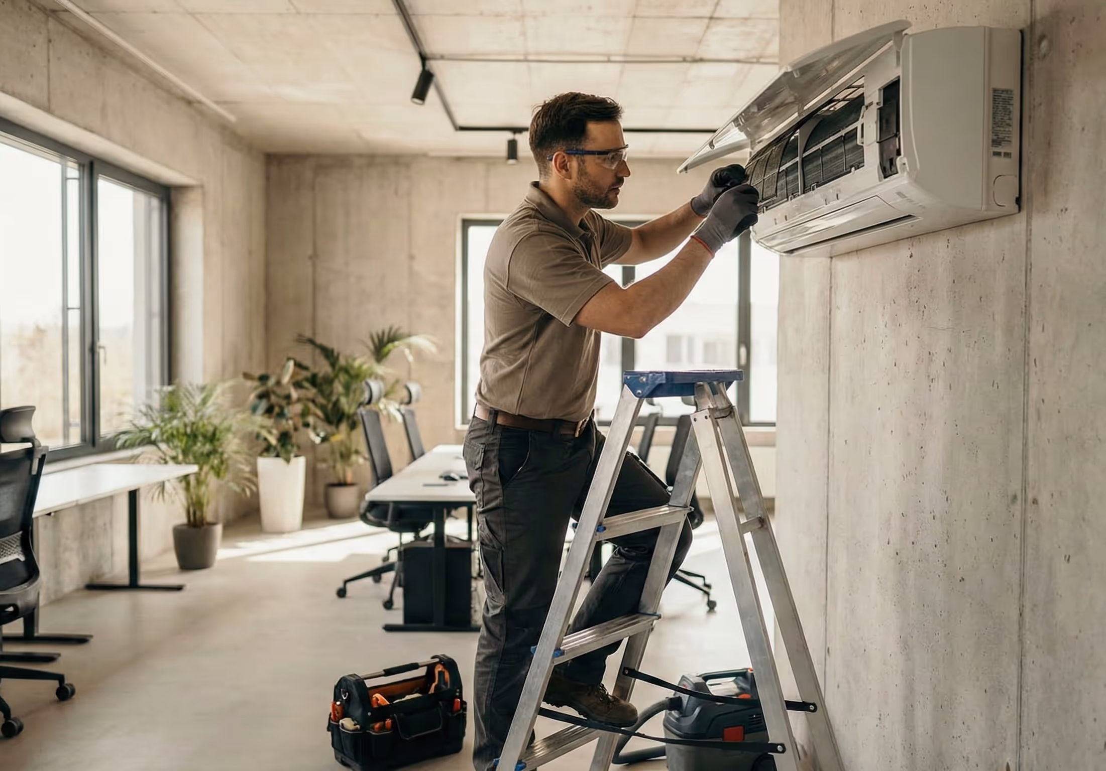 Techniker repariert Wandklimagerät in einem Wohnraum – Reparaturservice von DBO Kältetechnik