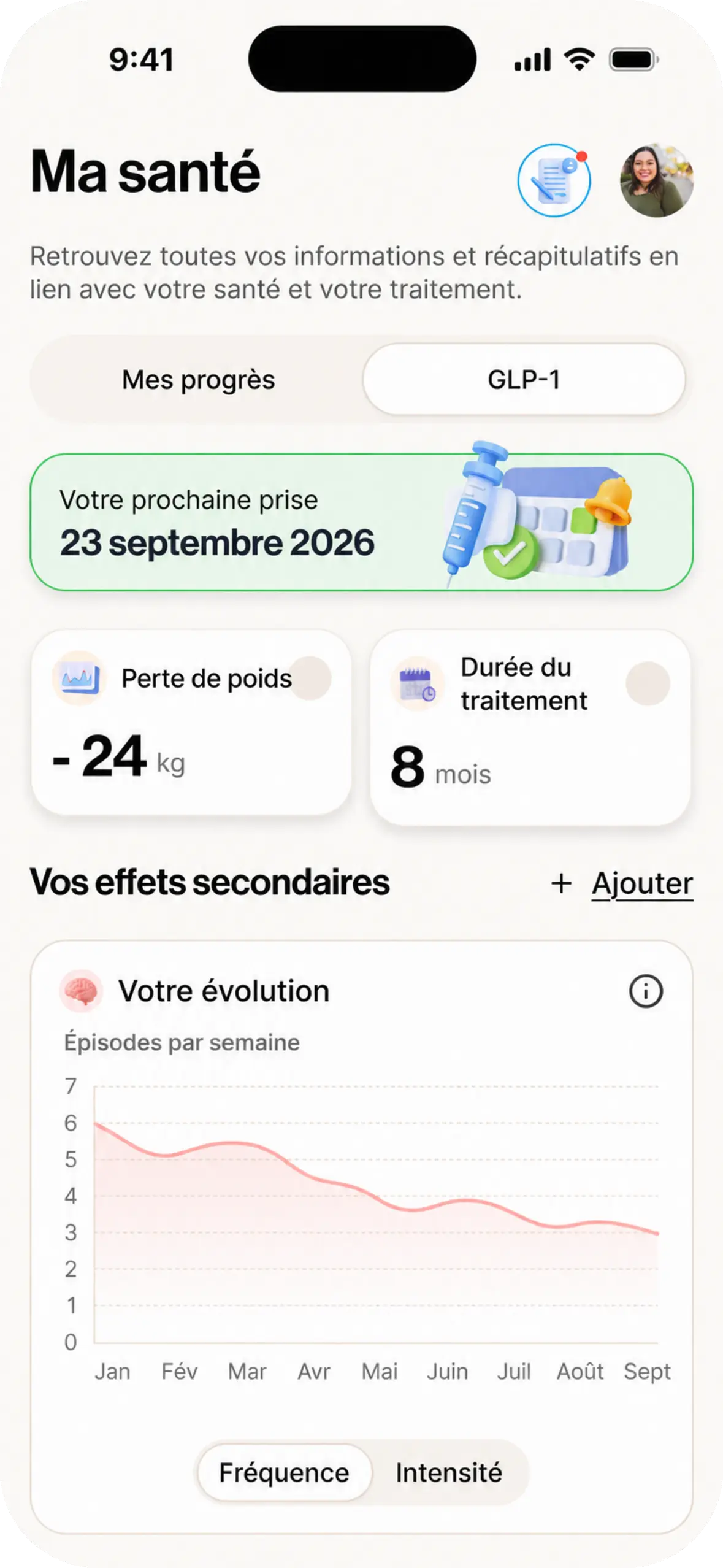 Ma santé, onglet GLP-1 : prochaine prise, durée du traitement et effets secondaires. Données d’illustration.