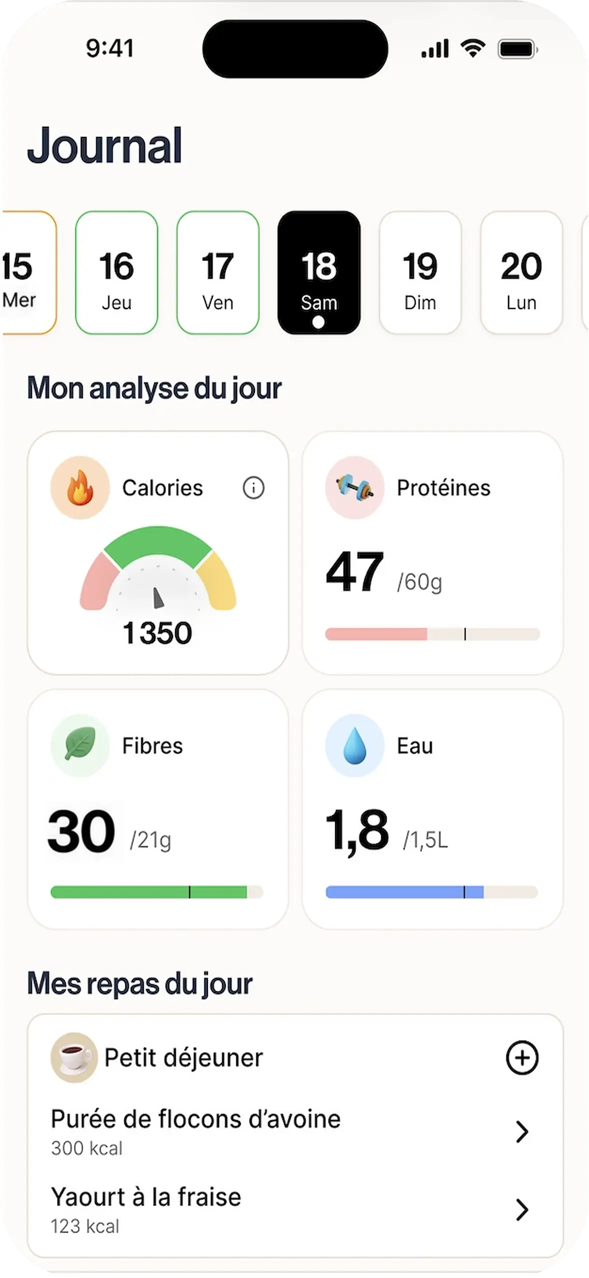 Journal alimentaire Annette : analyse de la journée, repas, protéines et hydratation.