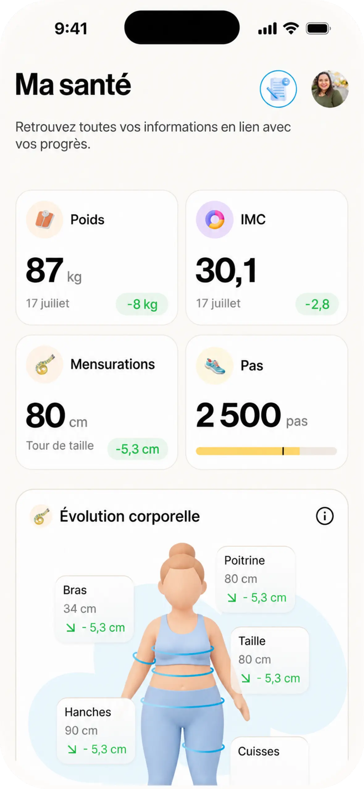 Vue d’ensemble de la santé : poids, mensurations et pas.