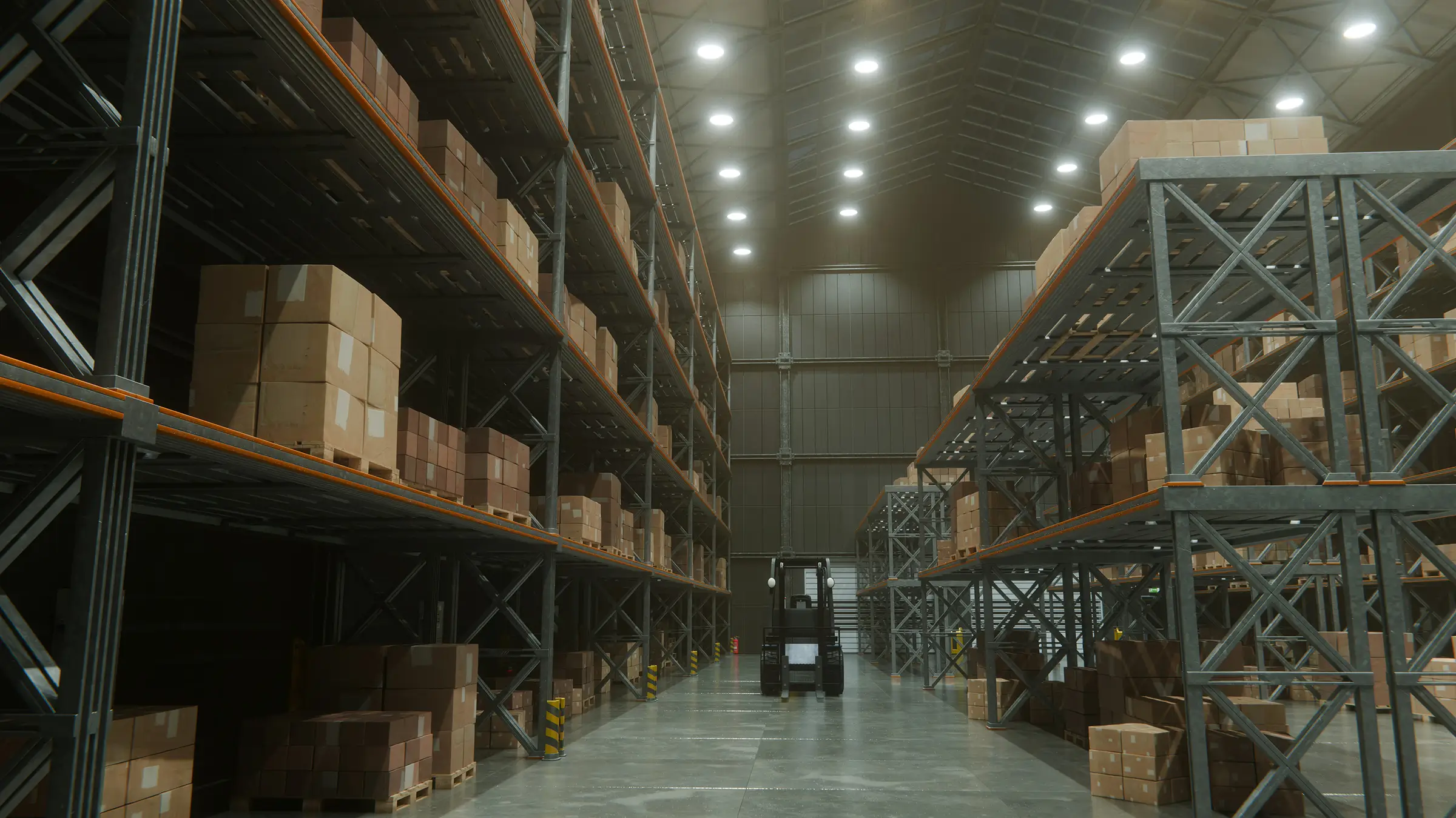 warehouse scene with racking and forklift