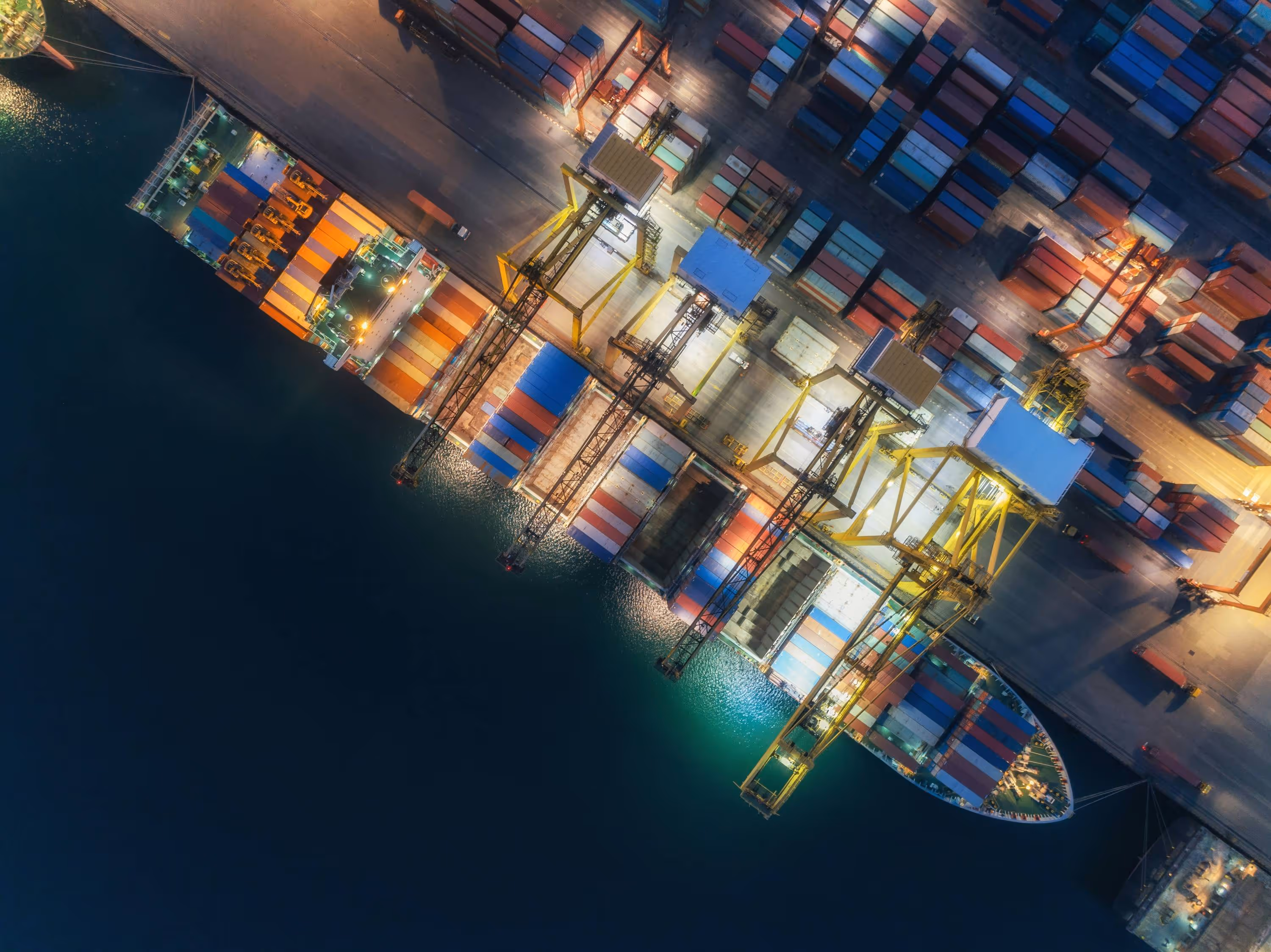 overhead shot of container ship in dock