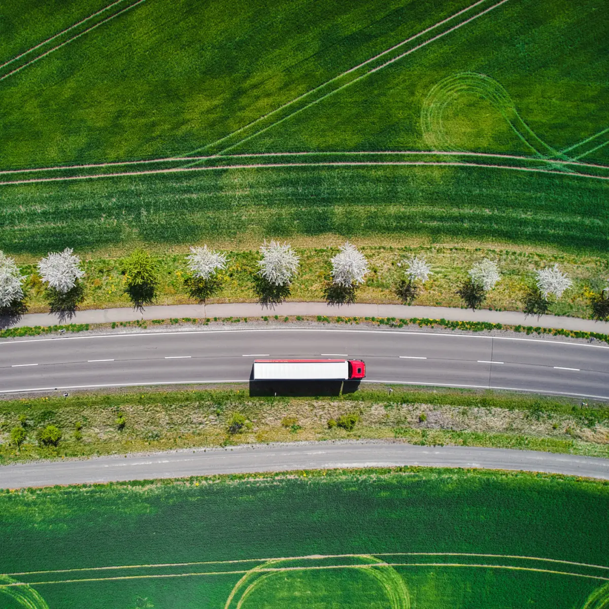 overhead shot of truck on road