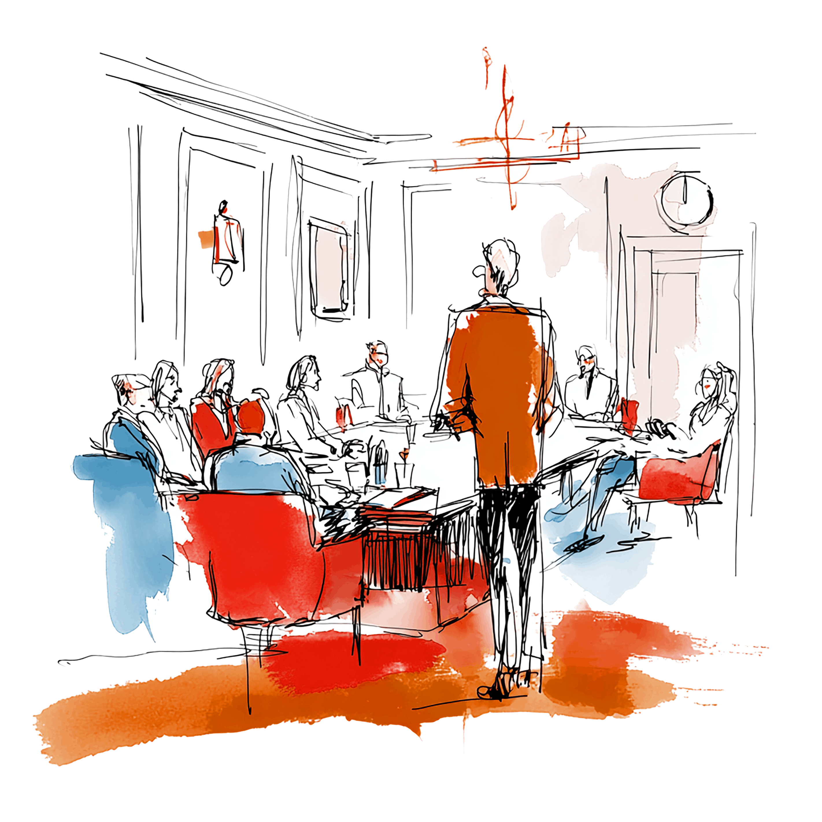 Illustration of four people seated around a rectangular table in a meeting room with red and light color accents on the walls.