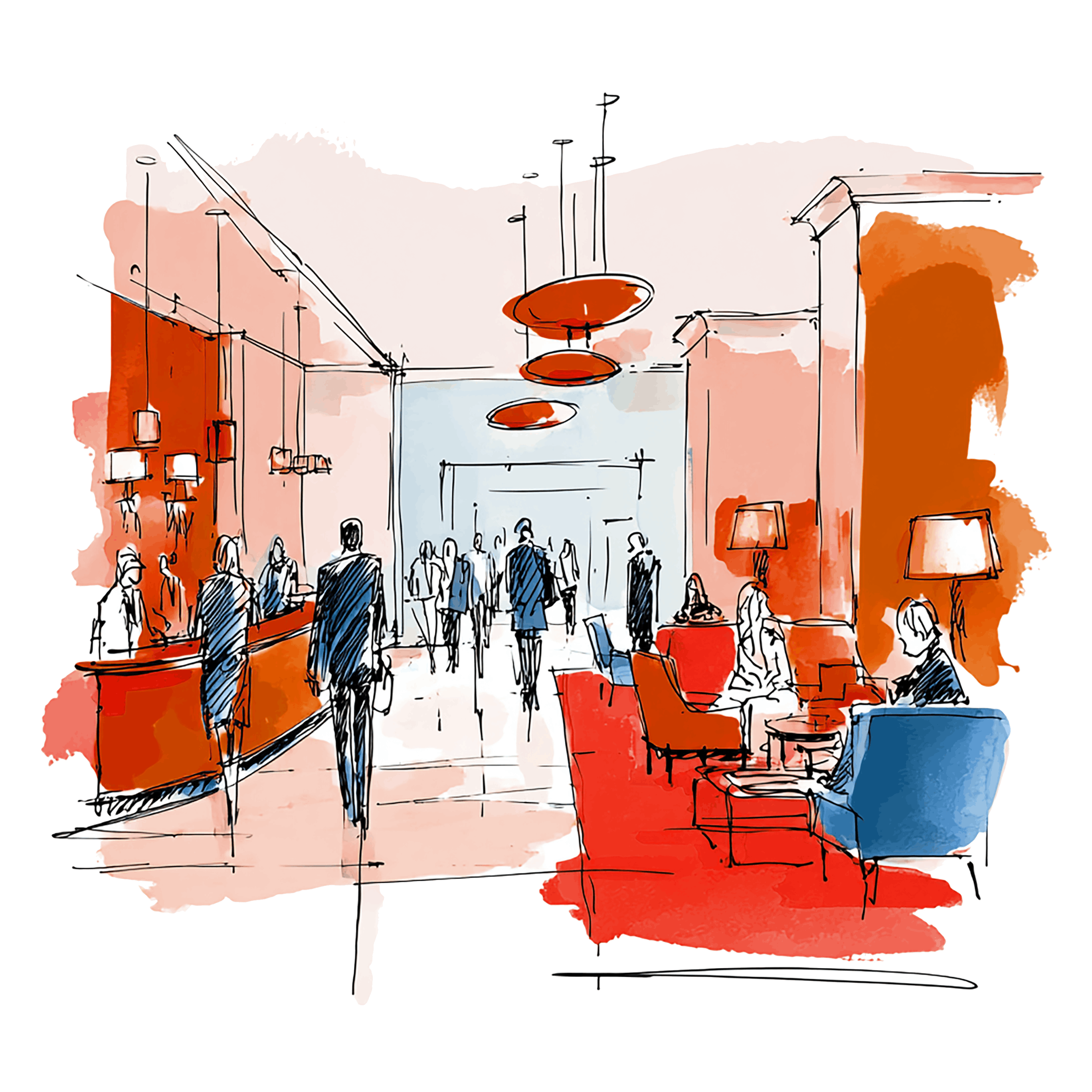 Illustration of four people seated around a rectangular table in a meeting room with red and light color accents on the walls.