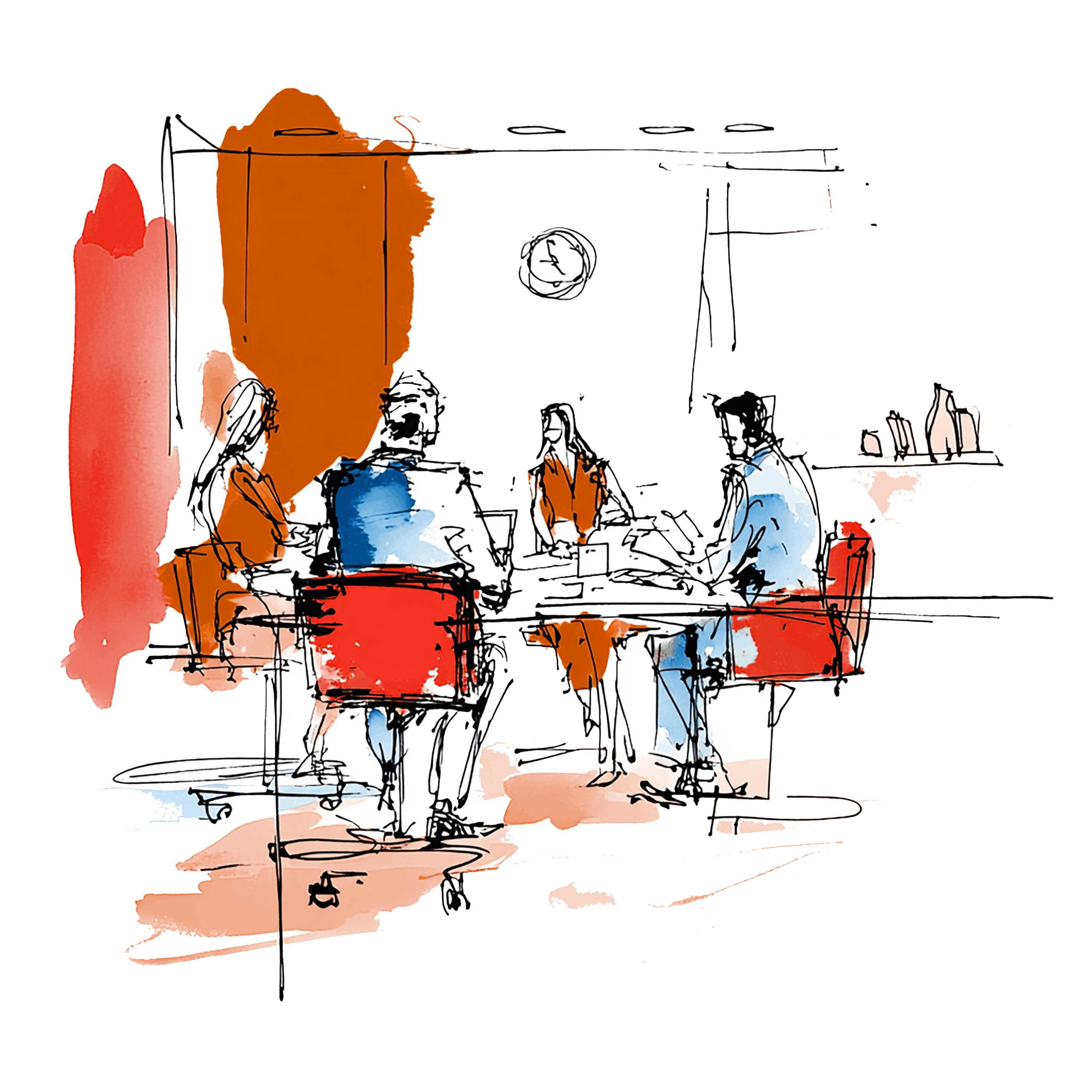 Illustration of four people seated around a rectangular table in a meeting room with red and light color accents on the walls.