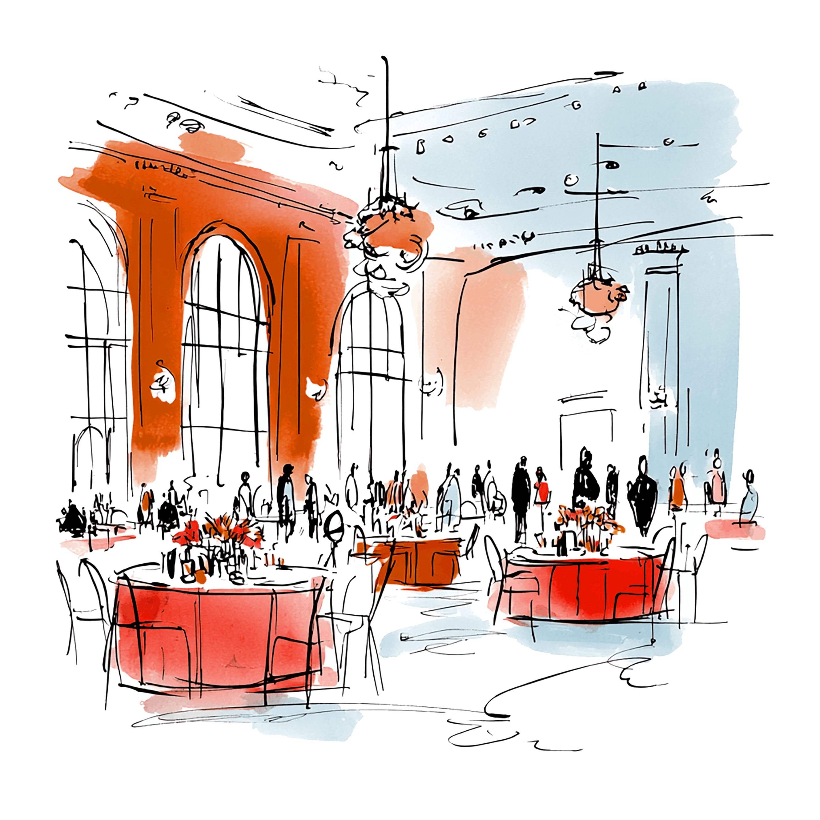 Illustration of four people seated around a rectangular table in a meeting room with red and light color accents on the walls.