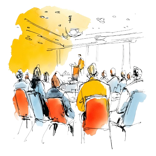 Illustration of four people seated around a rectangular table in a meeting room with red and light color accents on the walls.