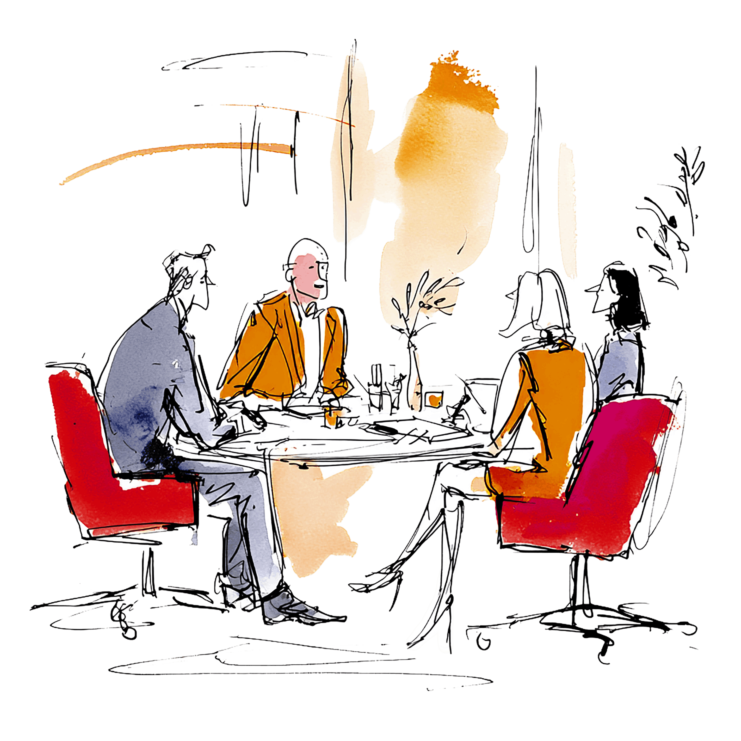 Illustration of four people seated around a rectangular table in a meeting room with red and light color accents on the walls.