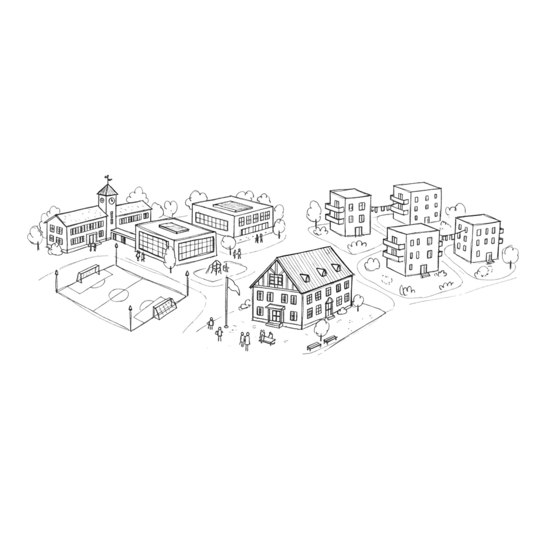 Illustration of a small community with a school building, soccer field, residential houses, apartment buildings, trees, and people walking.