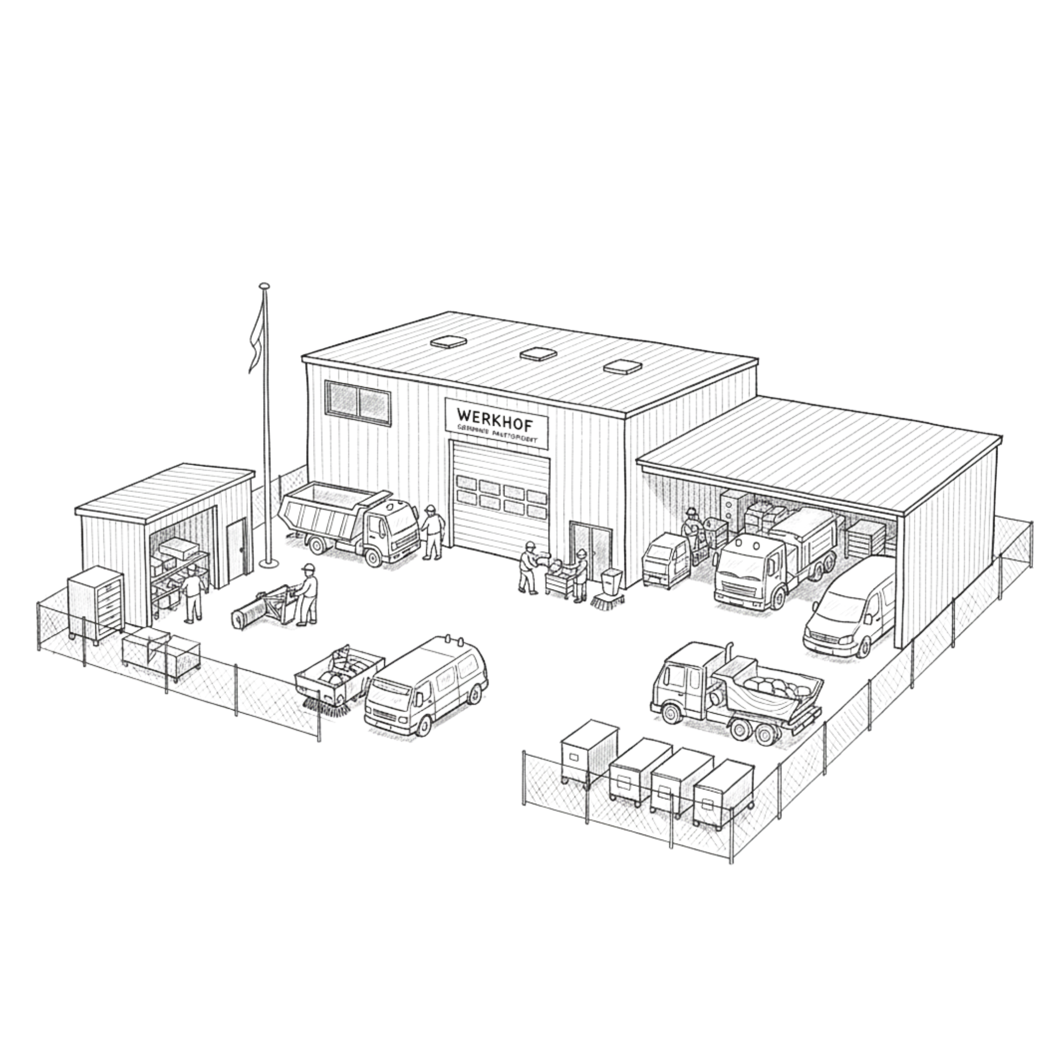 Illustration of a fenced service yard with multiple industrial buildings, utility trucks, waste bins, and workers engaged in various tasks.