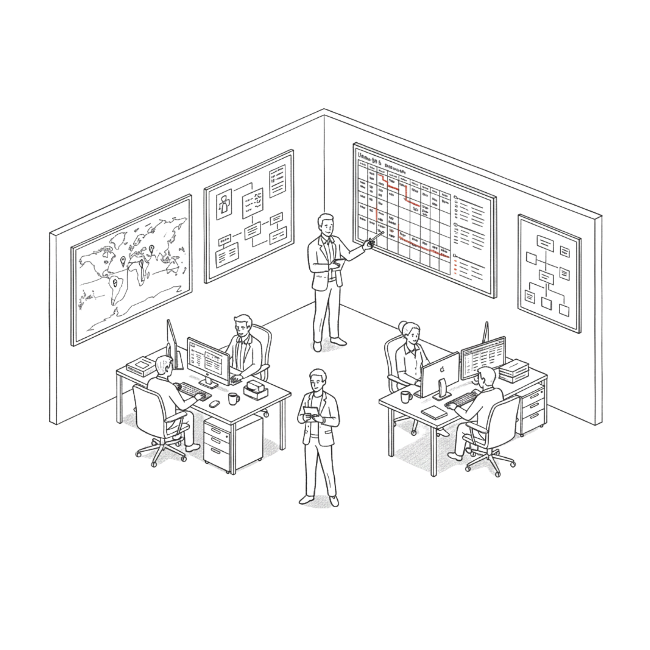 Illustration of an office with four workers at desks and one presenting a chart on a large wall screen, surrounded by maps and diagrams on the walls.