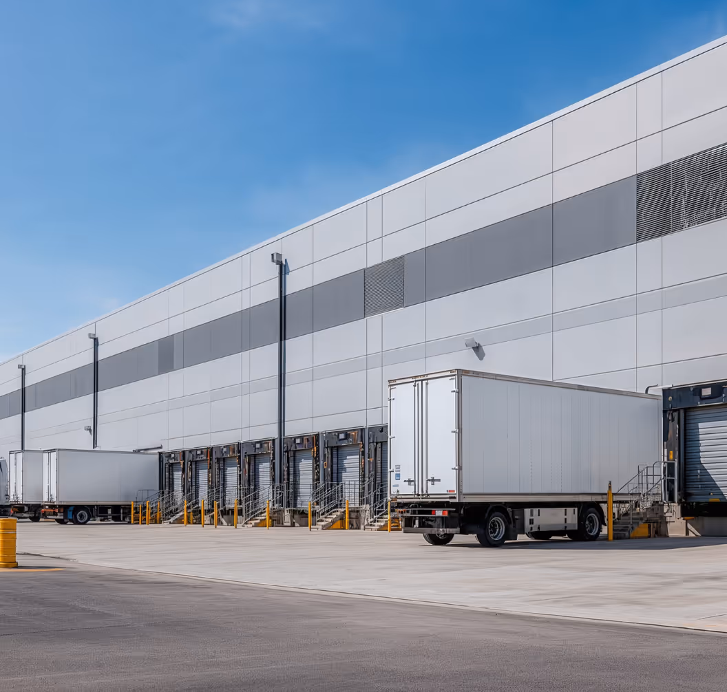 Loading dock with multiple large white trucks parked at warehouse bays under a clear blue sky.
