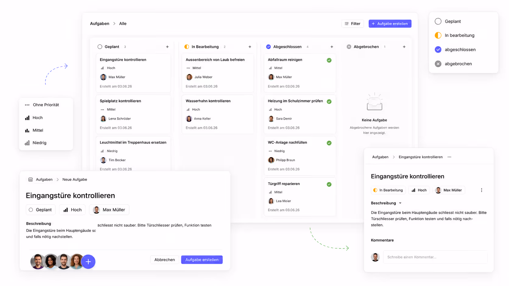 Visualisierung des Aufgabenmanagements in einer Facility-Management-Software: Kanban-Board mit den Spalten Geplant, In Bearbeitung, Abgeschlossen und Abgebrochen sowie eingeblendeten Ansichten zum Erstellen, Priorisieren und Bearbeiten einer Aufgabe.