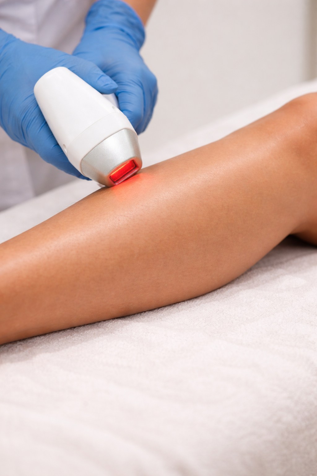 Application précise d'un laser diode sur les jambes - épilation professionnelle adaptée à tous les phototypes