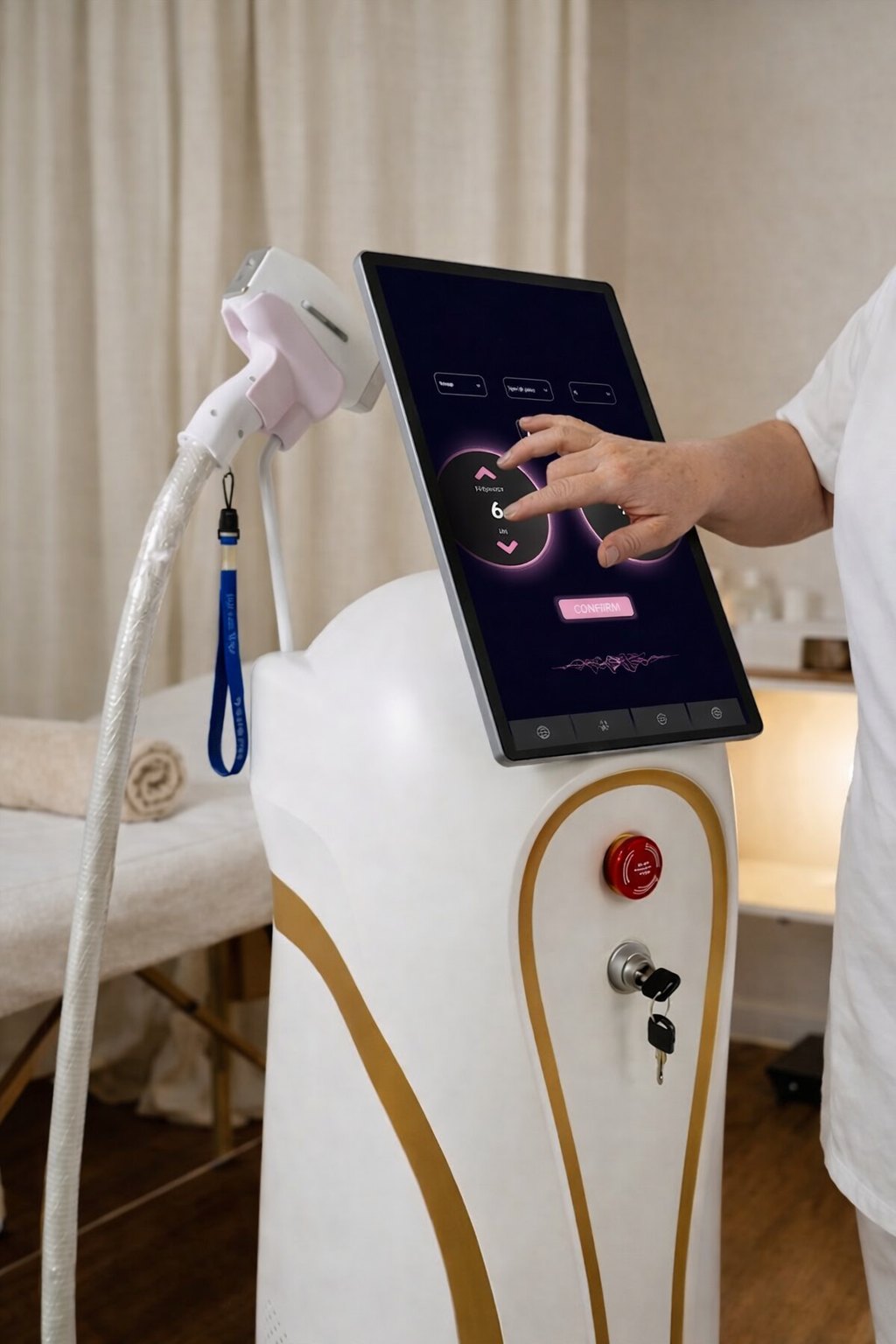 Praticienne utilisant l'écran tactile de la machine laser Altessa en institut d'épilation professionnelle