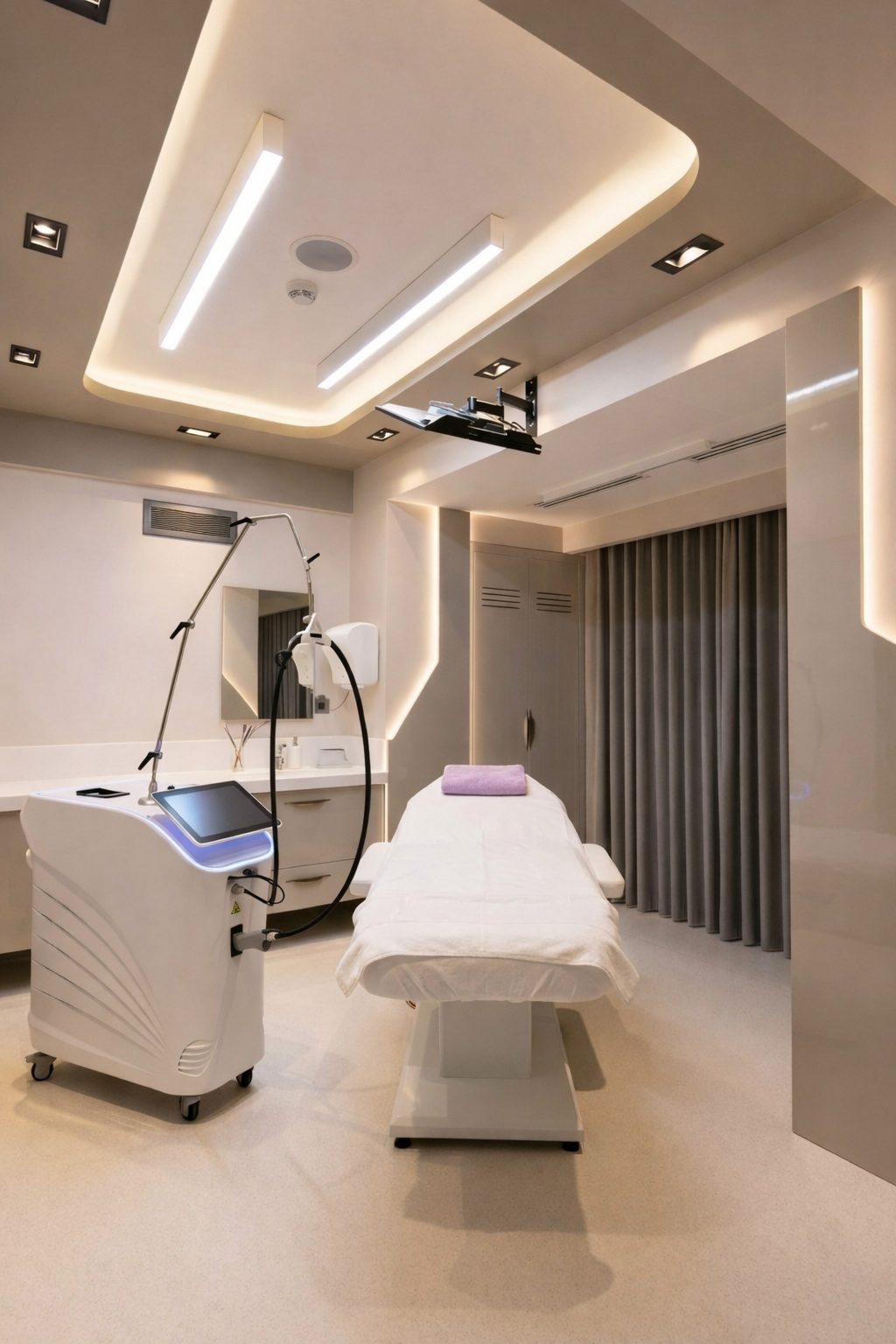 Cabine d'épilation laser médicale avec appareil Alexandrite et Nd:YAG en environnement clinique