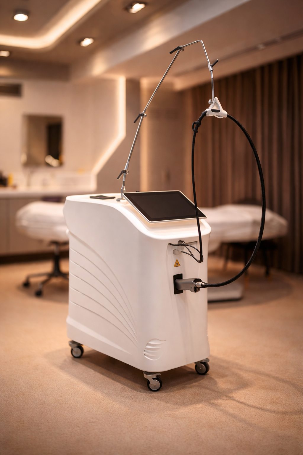 Salle de traitement laser médical équipée pour épilation Alexandrite et Nd:YAG en cabinet professionnel