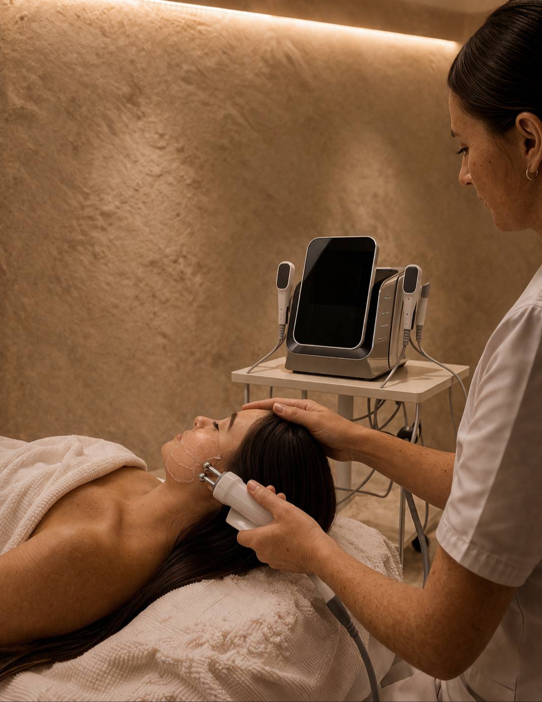 Praticienne réalisant un soin de radiofréquence DeepMaster 448K sur le visage d'une cliente en institut esthétique