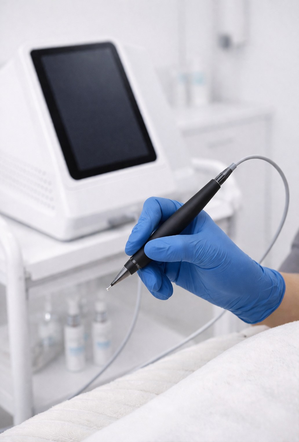 Praticien utilisant le Folicera Pro pour une séance d'électrolyse haute précision en cabinet esthétique