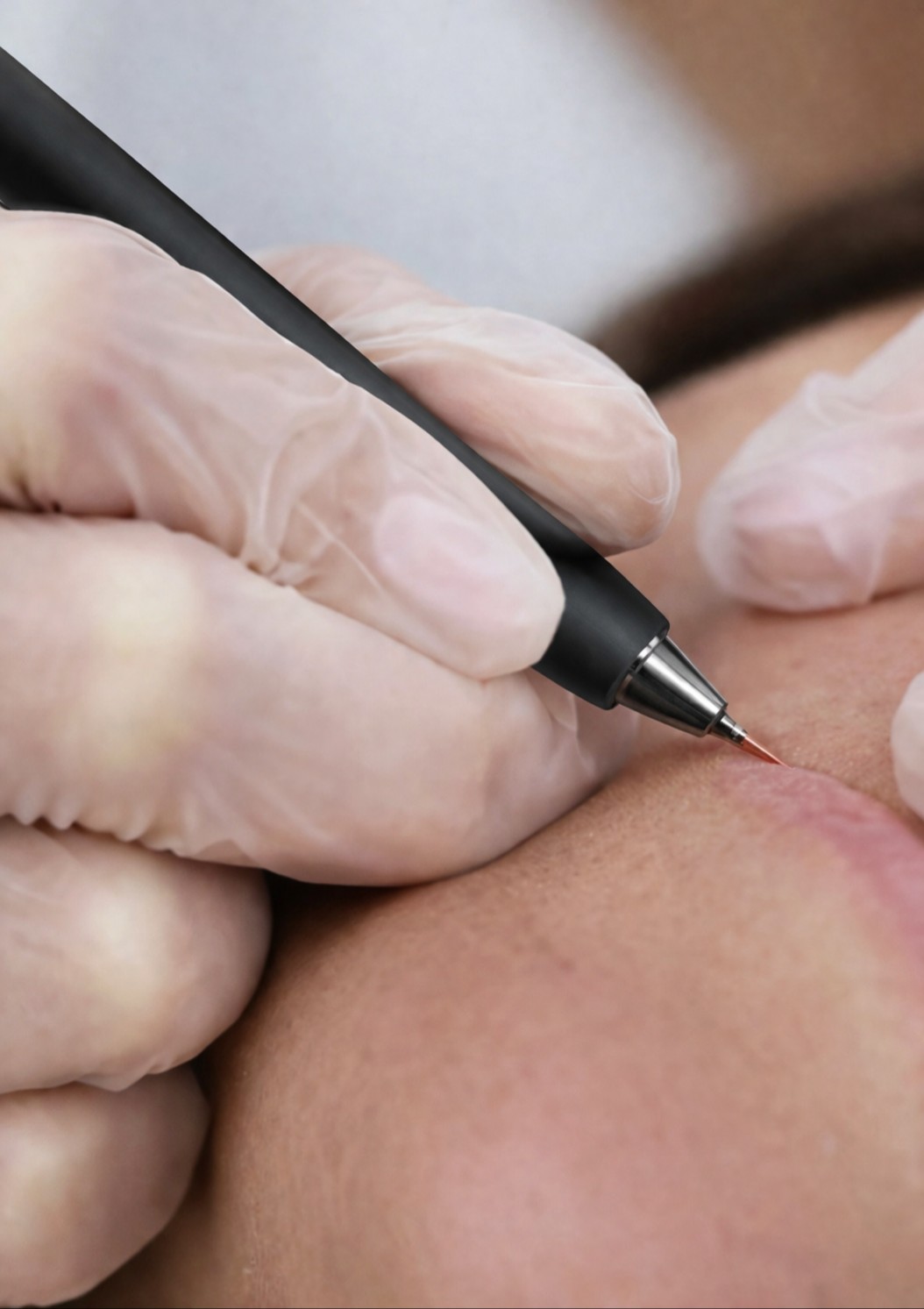 Gros plan d'une aiguille d'électrolyse appliquée sur la peau pour épilation définitive poil par poil