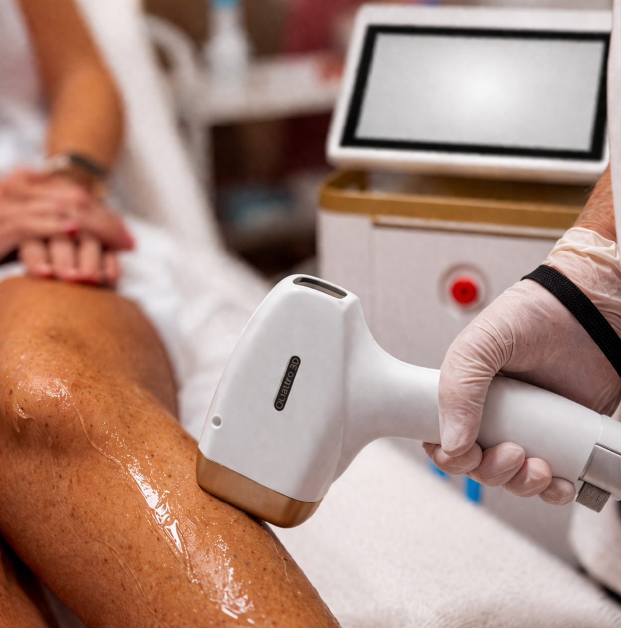 Praticienne réalisant une séance d'épilation laser diode SilverMax Core sur la jambe d'une cliente en institut esthétique