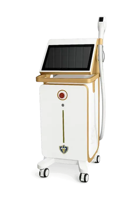 SilverMax – Machine laser diode professionnelle blanche et dorée avec écran tactile et applicateur manuel, montée sur roulettes.