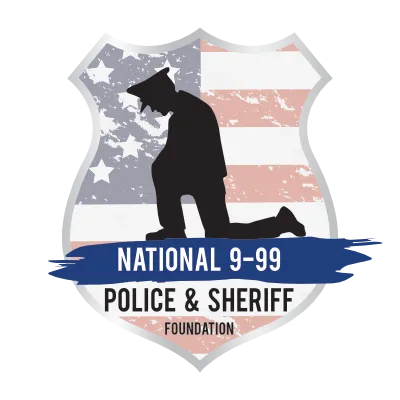 Shield-shaped logo with faded American flag background, silhouette of kneeling police officer, and text 'National 9-99 Police & Sheriff Foundation'.