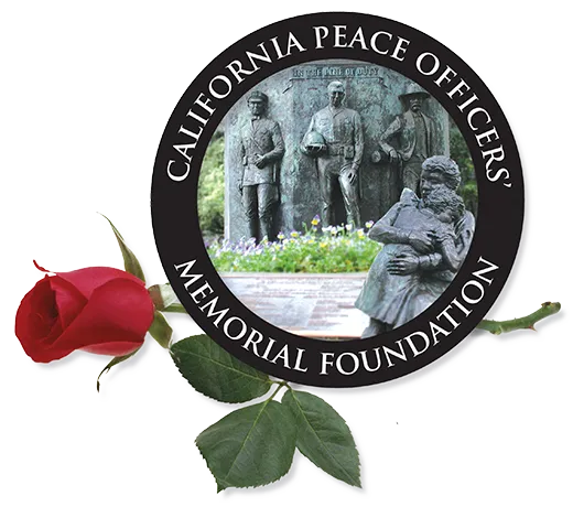 California Peace Officers' Memorial Foundation logo with a circular image of a police memorial statue and a red rose with green leaves.
