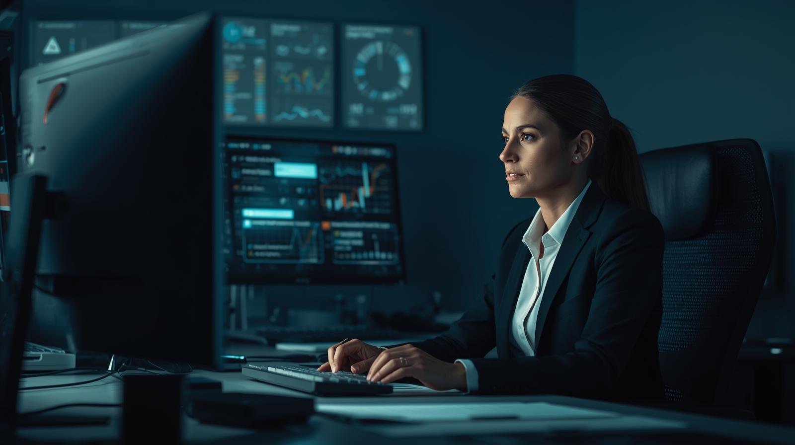 Crisis Management Professional reviewing data on multiple computer screens