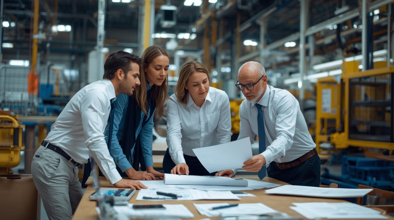 Consultant and operations team in discussion at wooden desk in manufacturing facility