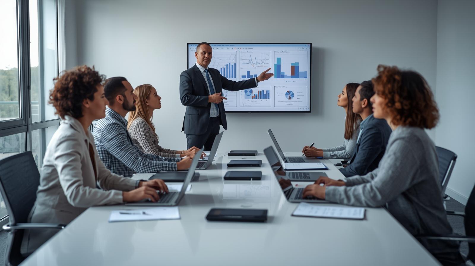 Executive meeting in board room with presentation on large screen