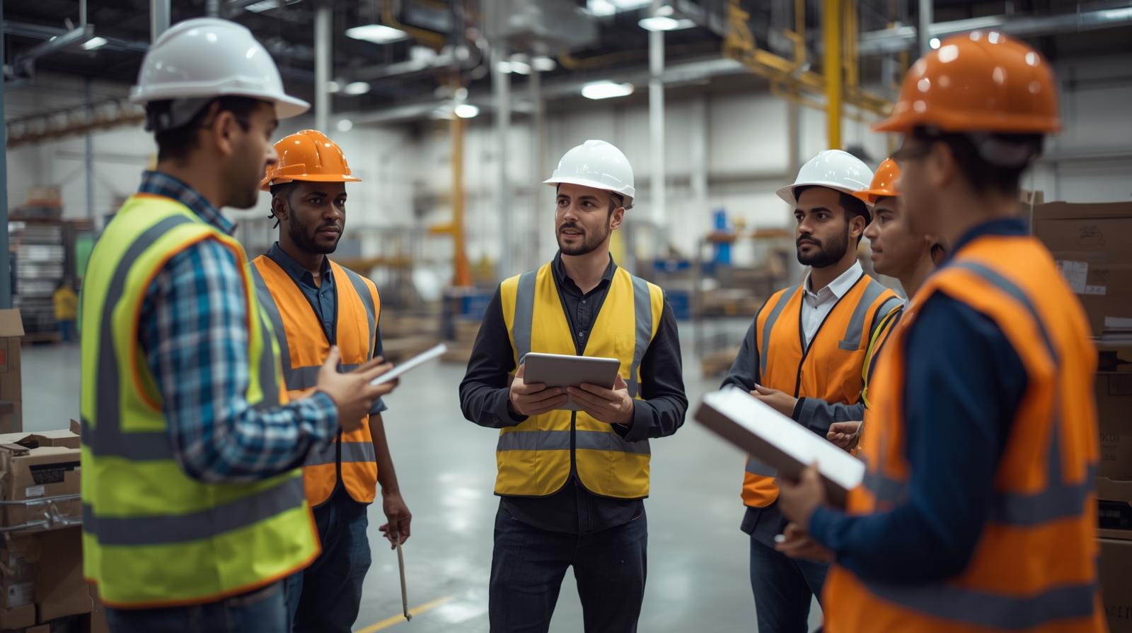 Warehouse training session with mean wearing safety equipment