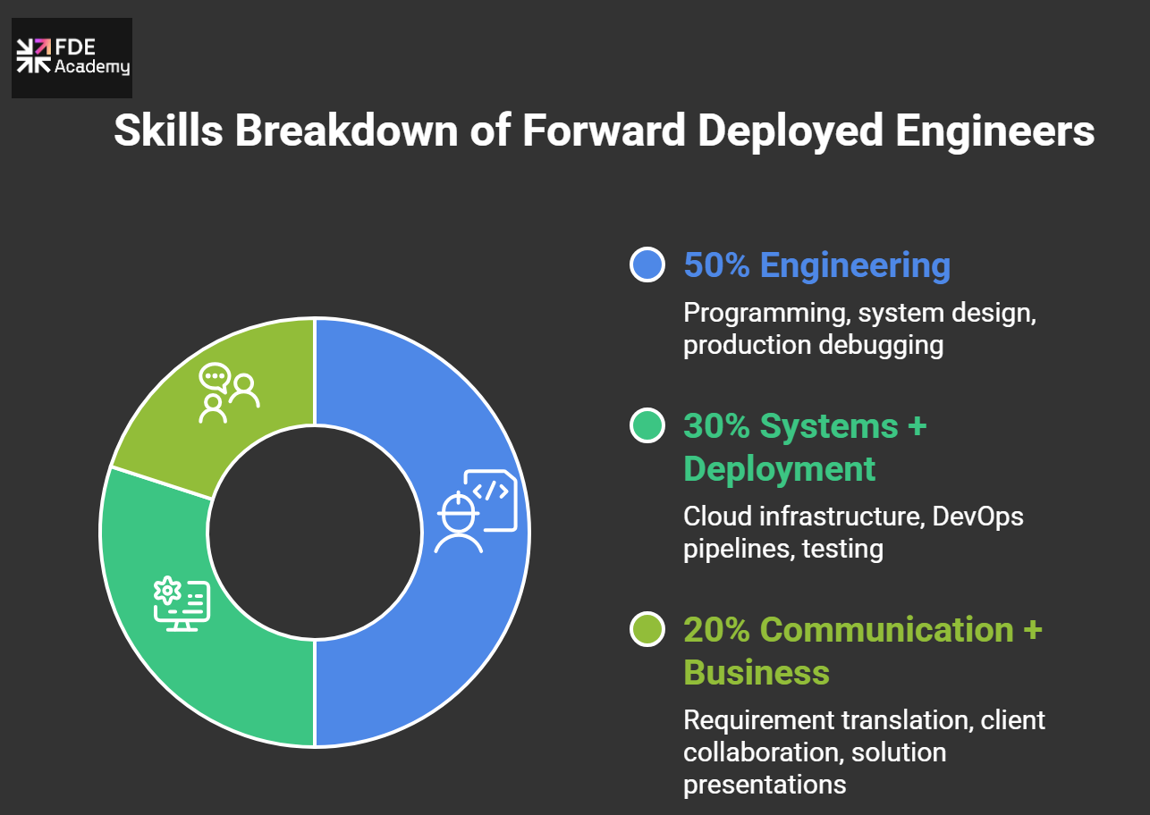 Donut chart showing Forward Deployed Engineer skills: 50% engineering, 30% systems and deployment, and 20% communication and business.