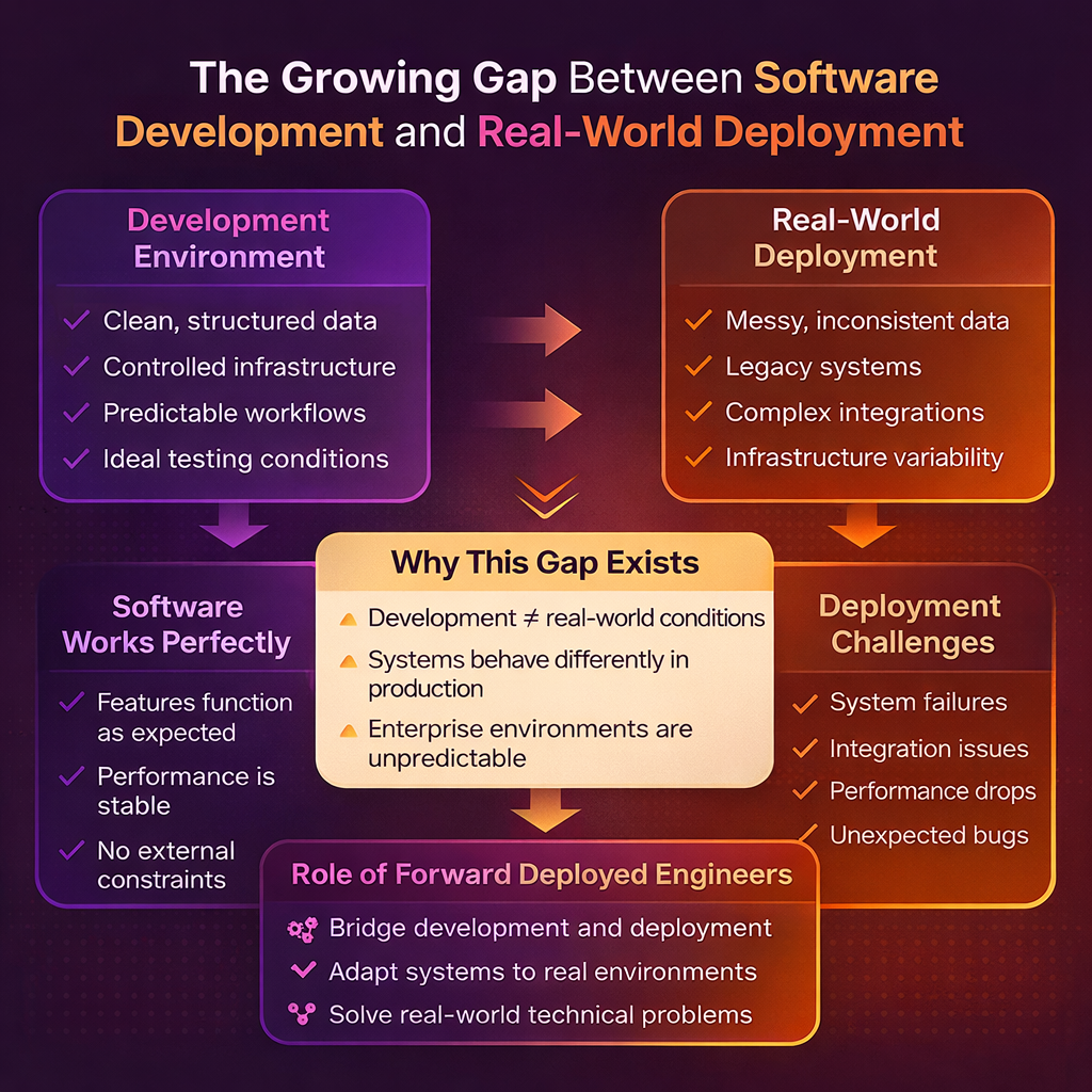 Infographic showing the growing gap between software development and real-world deployment. Development environments feature clean data, controlled infrastructure, and predictable workflows. Real-world deployment involves messy data, legacy systems, complex integrations, and infrastructure variability. A center box explains why this gap exists, and a bottom section highlights the role of Forward Deployed Engineers in bridging development and deployment by adapting systems to real environments and solving real-world technical problems.