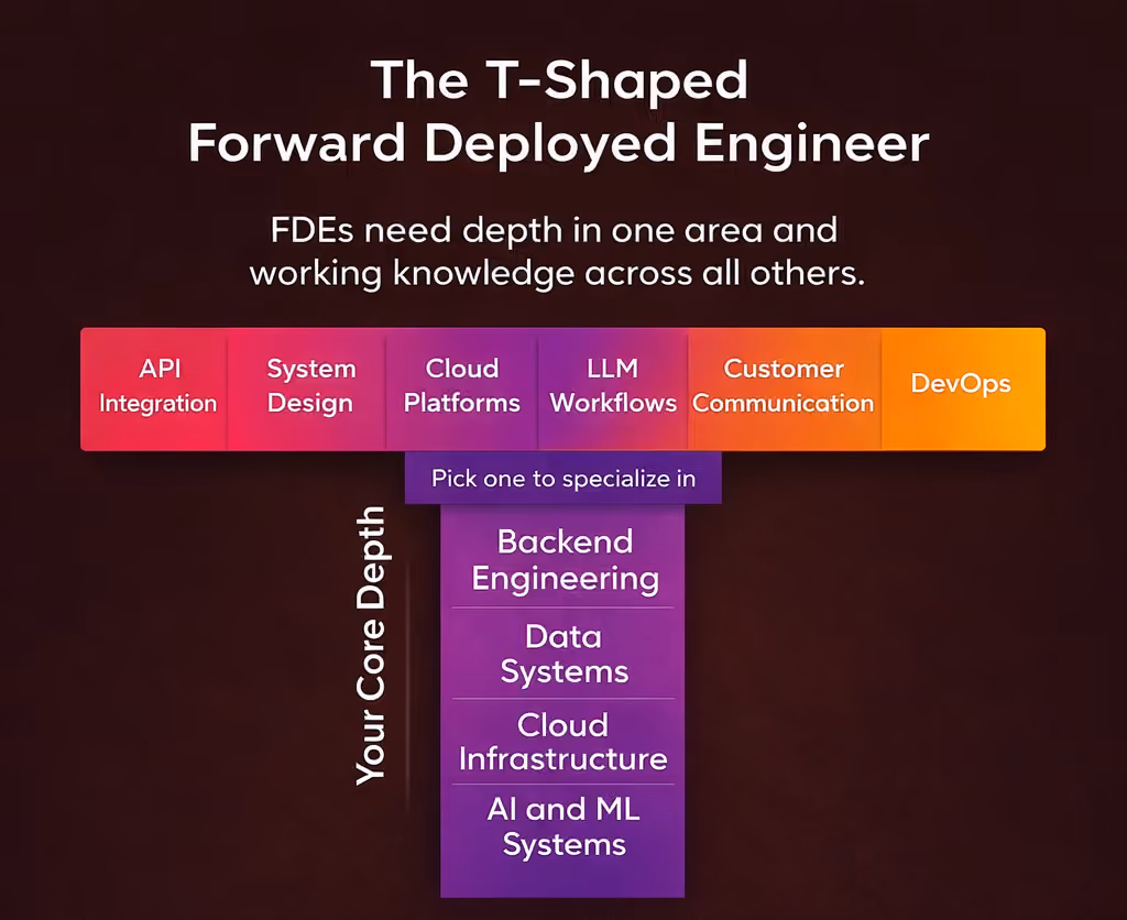 Infographic of the T-shaped Forward Deployed Engineer model with a vertical core depth area and a horizontal bar of skills including API integration, system design, cloud platforms, LLM workflows, customer communication, and DevOps.