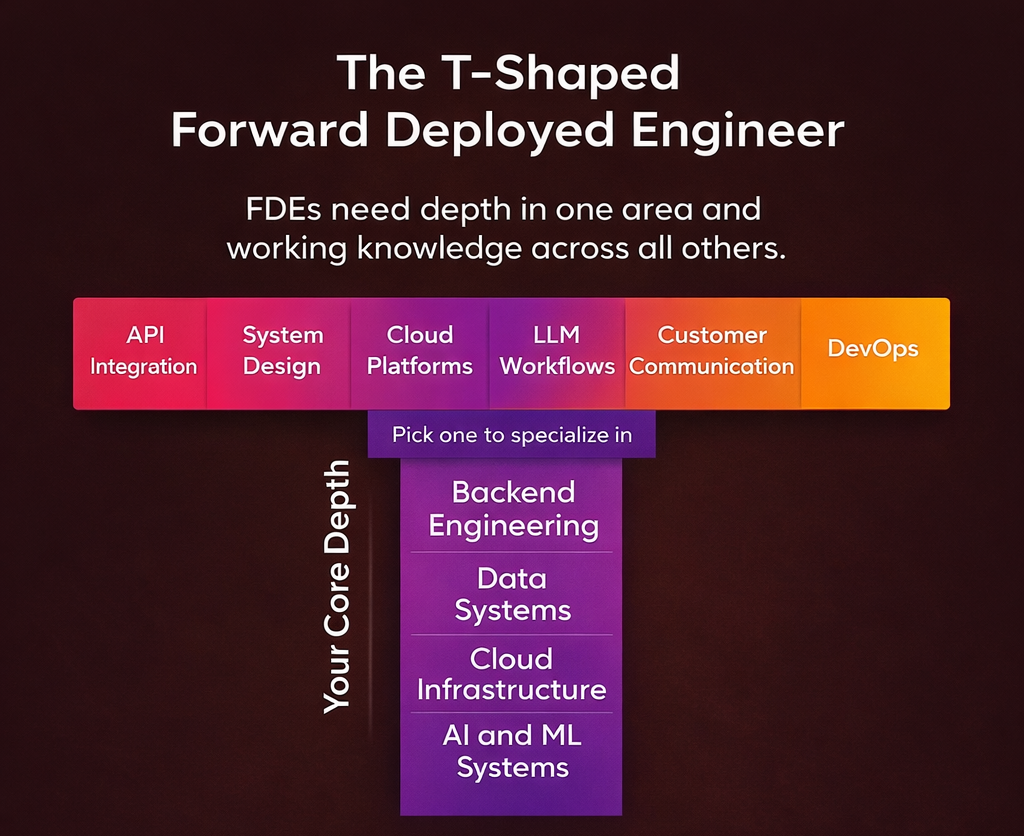 Infographic of the T-shaped Forward Deployed Engineer model with a vertical core depth area and a horizontal bar of skills including API integration, system design, cloud platforms, LLM workflows, customer communication, and DevOps.