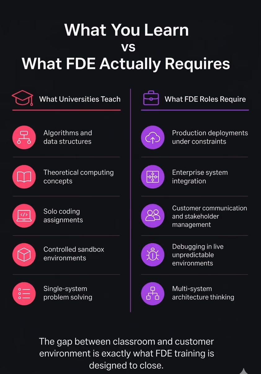 Two-column comparison infographic contrasting what universities teach, including algorithms, theoretical concepts, and solo coding, against what Forward Deployed Engineer roles require, including production deployments, enterprise system integration, customer communication, and multi-system architecture thinking.