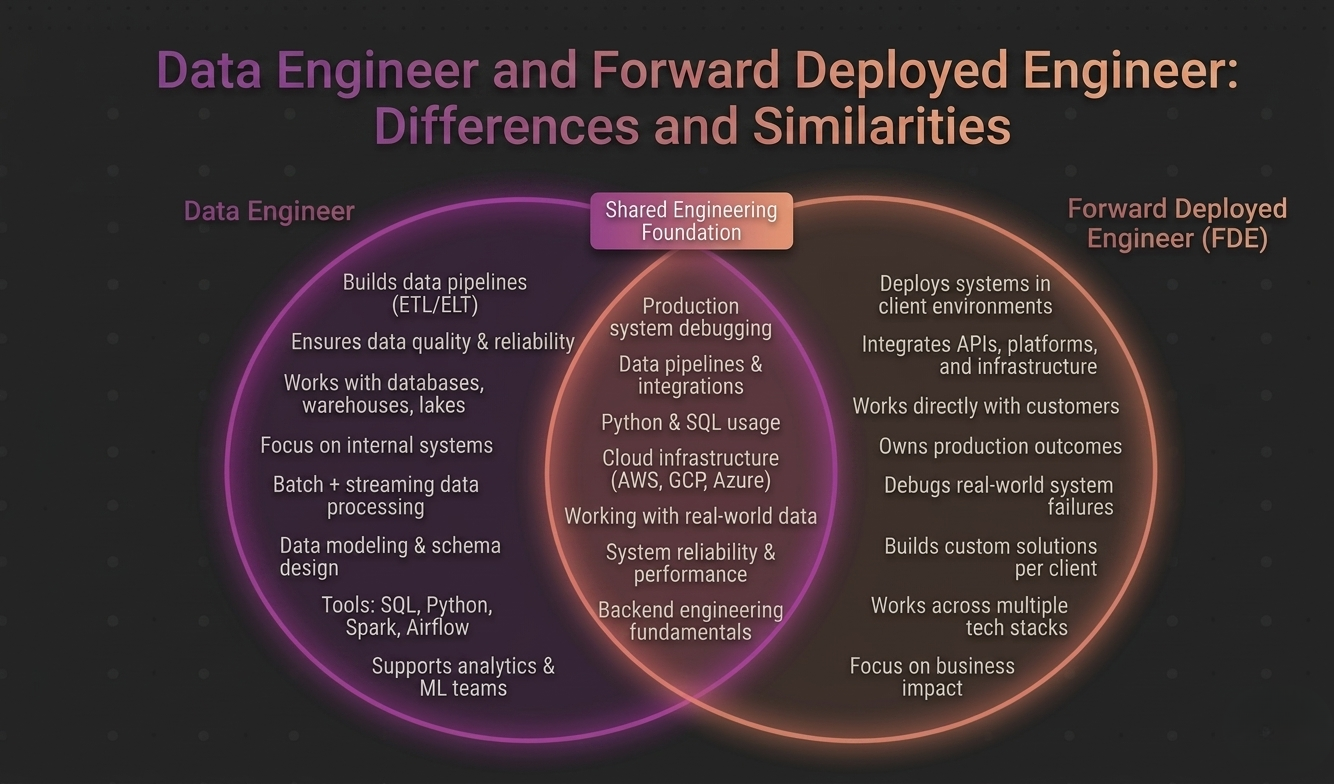 Venn diagram comparing Data Engineer and Forward Deployed Engineer roles, showing shared skills like data pipelines, debugging, cloud infrastructure, and differences in client work and deployment responsibilities.